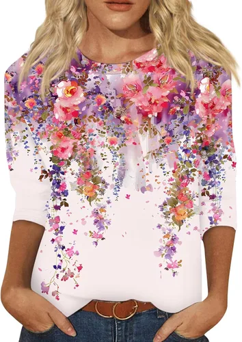 Vista 150 de Camisetas personalizadas para mujer, a la moda, casual, de séptima manga, estampada, cuello redondo, camiseta