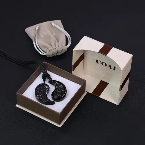 Vista 7 de COAI Collar con colgante de dragón obsidiana y fénix Yin Yang para parejas