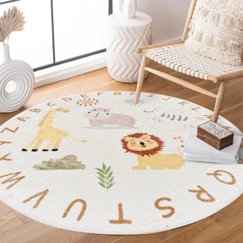 Vista 3 de Poowe ABC Animals - Alfombra de juego para niños, alfombra redonda educativa del alfabeto, suave, antideslizante, para el dormitorio de los niños