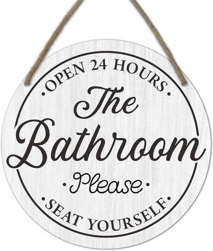 Vista 8 de Divertidos letreros decorativos para baño, con texto en inglés «Bathroom Open 24 Hours Please Seat Yourself», letrero colgante de madera rústica