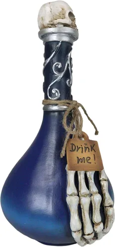 Vista 4 de Ebros Gift Wicca Occult Witchcraft Black Magic Inverted Heart Blue 'Drink Me!' Botella decorativa de poción con dedos de esqueleto, bordes plateados
