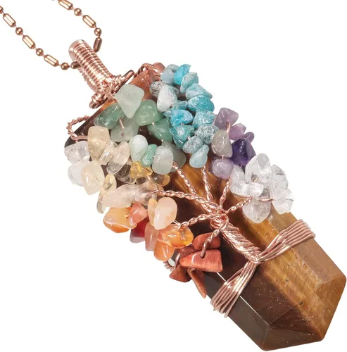 Vista 8 de TUMBEELLUWA Collar con colgante de árbol de 7 chakras unisex, alambre de cobre envuelto en 6 facetas con piedra de cristal con dije de amuleto