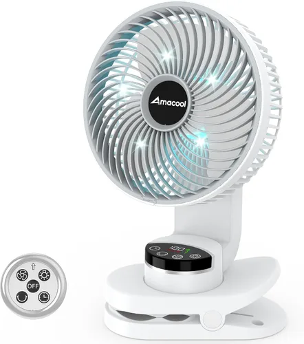 Vista 8 de AMACOOL Ventilador de campamento a pilas con luz, ventilador recargable de clip de 20000 mAh con gancho y pantalla digital, 112 horas