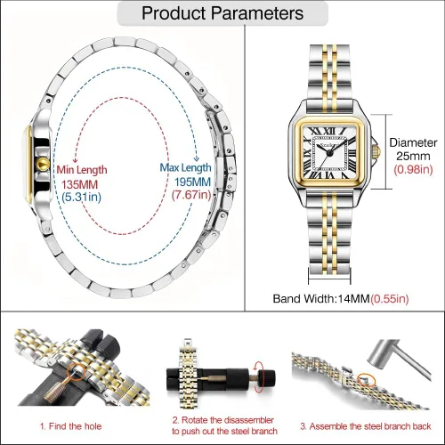 Vista 6 de Classic Relojes cuadrados de mujer con números romanos, de vestir, informal