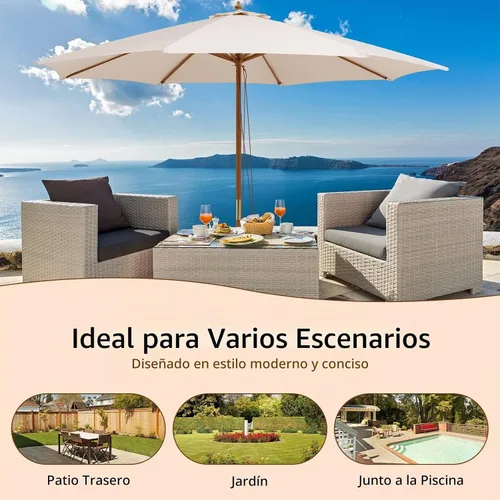 Vista 2 de HAPPYGRILL Sombrilla de madera para patio de 10 pies con polea de cuerda y Beige