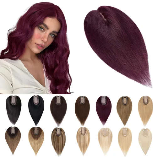 Vista 31 de SEGO Toppers para el cabello para mujer, cabello humano real con flequillo, 2.8 x 5.1 in, base de seda, 100% cabello humano Remy, clip en la parte