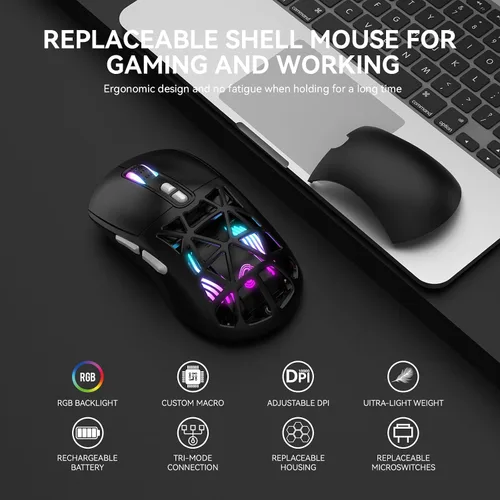 Vista 2 de FD Mouse inalámbrico para juegos, mouse macro programable RGB recargable, 10000 DPI, trimodo 2.4 GHz/BT 5.0 con cable, batería integrada de 3.7 V