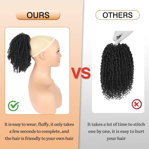 Vista 3 de Extensiones de cola de caballo de rastas para mujer, cola de caballo con cordón negro con extremos rizados, rastas sintéticas de diosa, extensiones