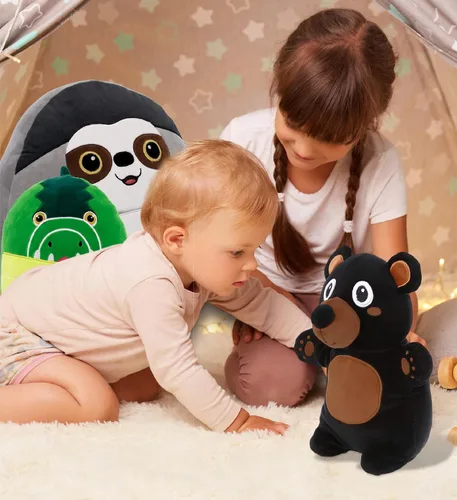 Vista 6 de DolliBu Snug-Mooshies - Peluche de oso negro de pie, súper esponjoso y suave, amigo de animales para niñas y niños, peluche mediano abrazable