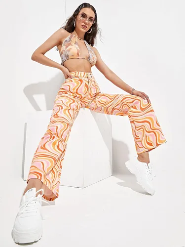 Vista 5 de WDIRARA - Pantalones de mezclilla holgados de tiro alto, con estampado, de pierna ancha, para mujer