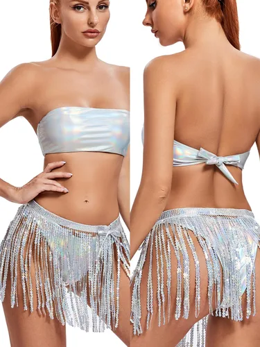 Vista 6 de Trajes de rave para mujer EDC Festival metálico holográfico body bandeau top lentejuelas borlas falda 3 piezas bikini
