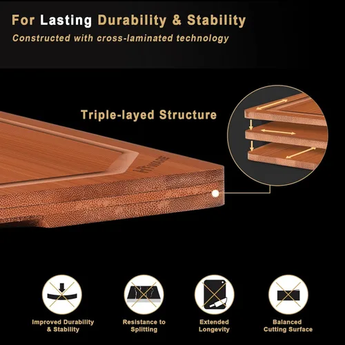 Vista 4 de HIWARE Juego de 4 Piezas de Tablas de Cortar Extra Grandes de Madera - Tablas de Cortar de Bambú para Preparación de Comidas y Servicio