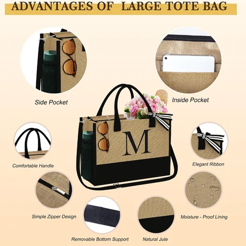 Vista 4 de YOOLIFE Regalos para mujeres, bolsa de yute con inicial y 2 bolsas de maquillaje, regalos personalizados para mujeres, profesores, mamá, amiga