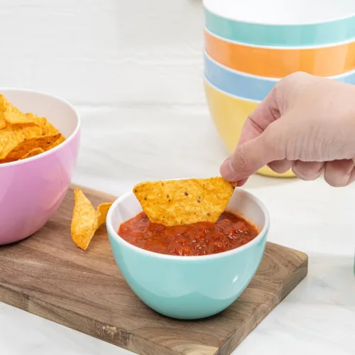 Vista 3 de Juego de 6 cuencos pequeños de melamina ColorPop, 4.25" 11.8 onzas para postre, preparación, salsa para mojar, helado, acompañamientos, aperitivos