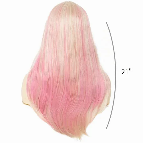 Vista 4 de Pelucas rubias y rosadas largas y rectas para mujer, con parte media, de fibra resistente al calor, para cosplay, Halloween Rubio Rosa
