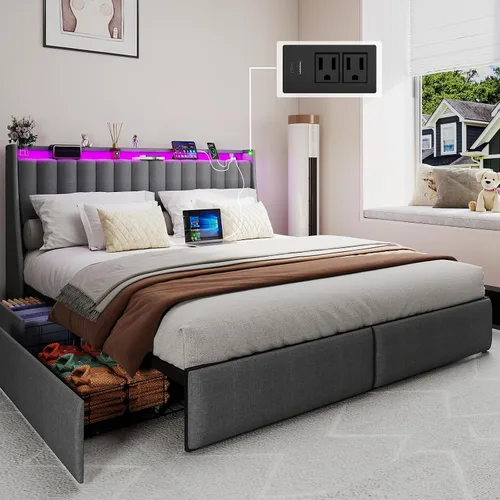 Vista 10 de Base de cama matrimonial tapizada con respaldo alero con 2 cajones de almacenamiento y luces LED