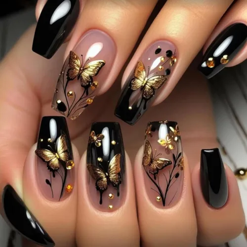 Vista 27 de MISUD Uñas Postizas - Uñas Largas Forma Ataúd con Pegamento en Negro Gótico, Diseño Acrílico Gótico de Rosa 24 piezas