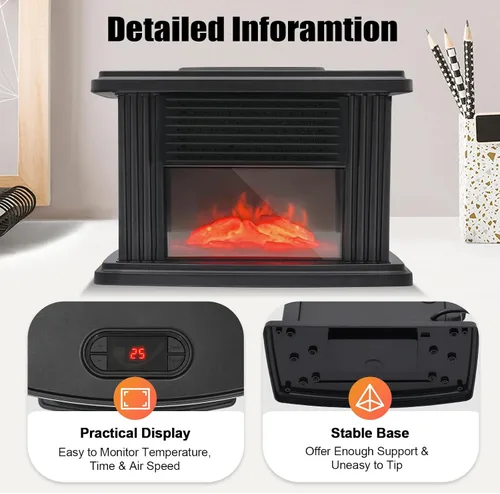 Vista 7 de Calentador eléctrico de chimenea, 1000 W, pequeña estufa de chimenea infrarroja independiente con temporizador de velocidad de 3 velocidades, efecto