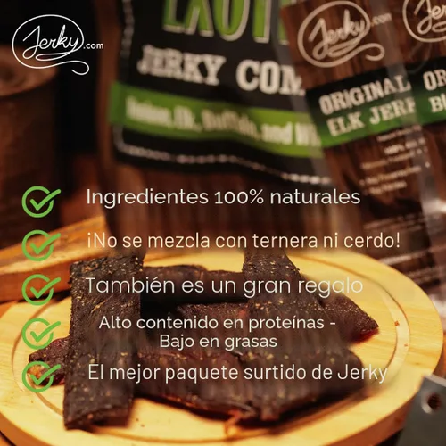 Vista 2 de Jerky 's Classic Exotic Jerky - Paquete variado de cecina con 4 tipos de cecina - Buffalo, jabalí, carne seca de venado y cecina de alce