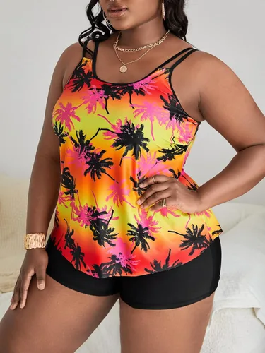 Vista 4 de MakeMeChic Women's Plus Size Tankini Bathing Suits Tropical Swim Tank Top with Boyshorts 2 Piece Swimsuit