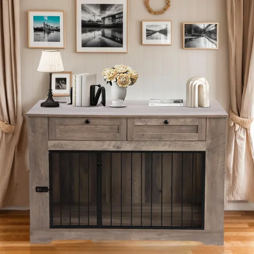 Vista 3 de Muebles de Jaula Grande para Perros - Jaula Decorativa Resistente para Perros de Interiores, Mesa Auxiliar de Jaula de Perro de Madera con Estación
