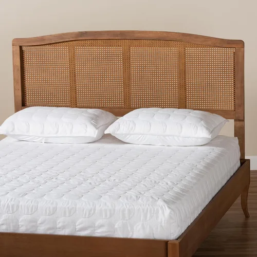 Vista 6 de Baxton Studio Marieke Mid-Century - Cabecera moderna de madera con acabado de ceniza y ratán sintético, tamaño Queen