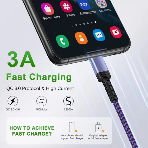 Vista 2 de Samsung - Cable de carga rápida tipo C, cable de alimentación de teléfono Android de 6 pies para Samsung Galaxy A23/A15 5G/A14 5G/A54/A53/S24/S23