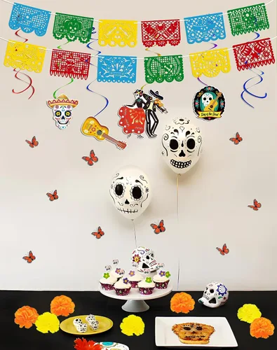 Vista 7 de Juego de 140 piezas de decoración del día de los muertos: decoración del día de los muertos, papel picado, caléndula, mariposa, espirales colgantes