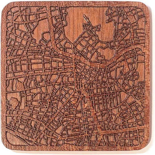 Vista 145 de Posavasos Amsterdam Map by O3 Design Studio, 1 pieza, posavasos de madera Sapele con mapa de la ciudad, hecho a mano, varias ciudades opcionales