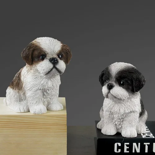Vista 3 de Linda estatua de perro Shih Tzu para decoración del hogar, resina de simulación de animal, linda figura de cachorro, artesanía de resina, accesorios