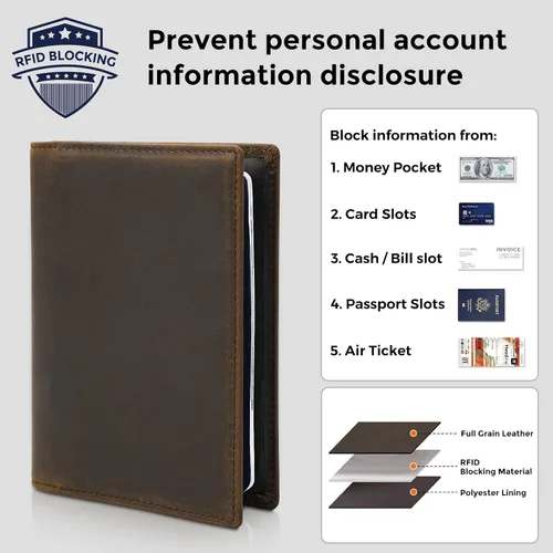 Vista 3 de Cartera de viaje para pasaporte para hombre, funda de pasaporte de cuero, con bloqueo Rfid, soporte para pasaporte para parejas, para 2, Porta
