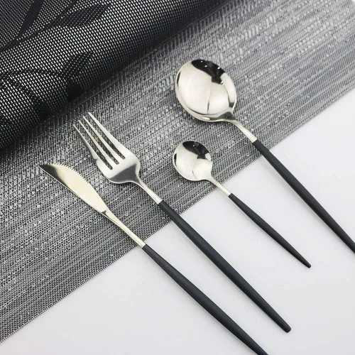 Vista 2 de JASHII Juego de cubiertos negros y plateados, cubiertos de acero inoxidable con acabado satinado, 20 piezas, utensilios de cocina, cubiertos pulidos