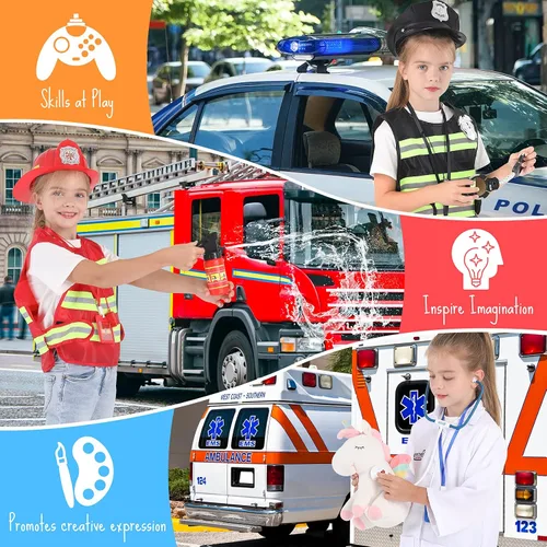 Vista 2 de Fedio Disfraz para niños de 3 a 7 años, disfraz de médico, policía, bombero con accesorios para disfrazarse