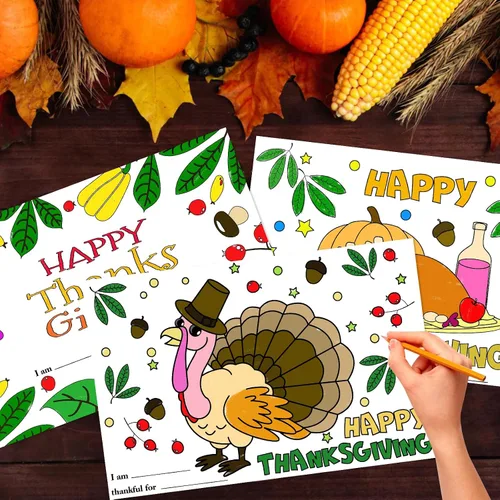 Vista 4 de Colorea tus propios manteles individuales, 12 hojas de otoño de Acción de Gracias para niños, de 11 x 17 pulgadas, manteles individuales de papel