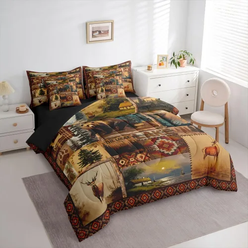 Vista 105 de Feelyou Juego de edredón de ciervo con sábanas – Tamaño Queen 7 piezas Juego de ropa de cama infantil de caza rústica – Cama de ciervo de cabaña