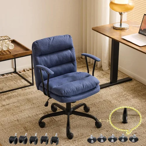 Vista 11 de VINGLI Silla de escritorio acolchada blanca con/sin ruedas, base doble, reposabrazos removibles, silla giratoria ajustable y cómoda para Blanco