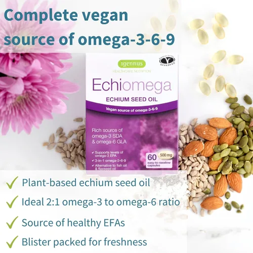 Vista 2 de Echiomega Vegan Triple Omega 3 6 9 500 mg, aceite de semilla de Echium, suplemento EFA para mujeres con GLA, 60 cápsulas blandas