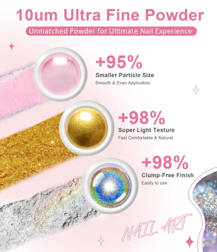Vista 7 de Polvo de uñas cromado dorado LEDSUUEI Super Mirror Nail Glitter, polvo de metal Holo cromo para uñas, pigmento blanco aurora, dona vidriosa perla