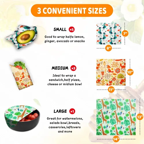 Vista 2 de Envoltura de cera de abeja reutilizable, paquete de 9, envolturas de cera de abejas ecológicas para alimentos, orgánica, sostenible, biodegradable