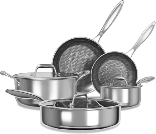 Vista 12 de COOKER KING Juego de utensilios de cocina de acero inoxidable, juego de ollas y sartenes antiadherentes, utensilios de cocina de cerámica híbrida