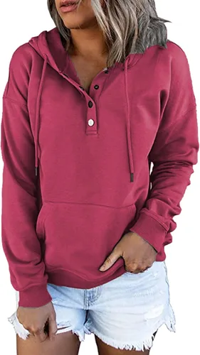 Vista 11 de NEYOUQE Sudaderas de moda para mujer, para otoño e invierno, con botones de un cuarto, sudaderas casuales de moda con cuello redondo
