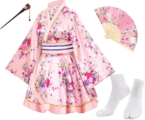 Vista 14 de Elibelle - Kimono de baile de anime japonés para mujer, bata, vestido elegante, abanicos de seda plegables de mano, juego de calcetines con tabi