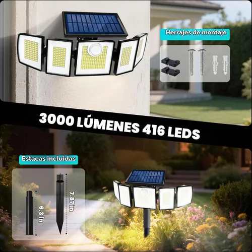 Vista 2 de MDCMDCM Luces solares para exteriores, sensor de movimiento impermeable, 416 LED, 3000 lúmenes, súper brillante, 3 brillo; 3 modos, iluminación