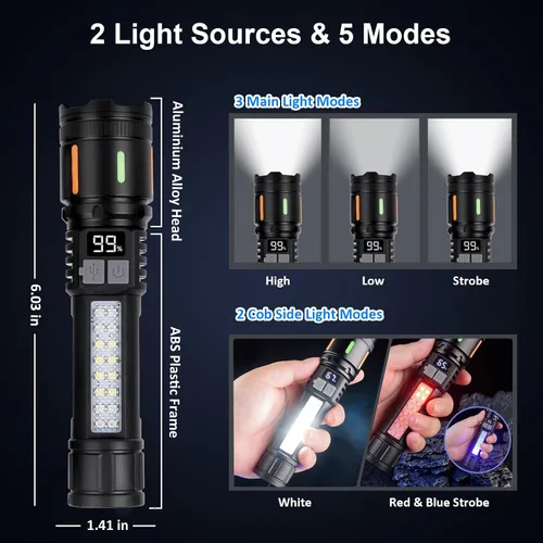 Vista 3 de Linternas recargables de alto lúmenes, 3 paquetes, 900,000 L linterna táctica de mano LED de alta potencia con 5 modos de luz, luz lateral