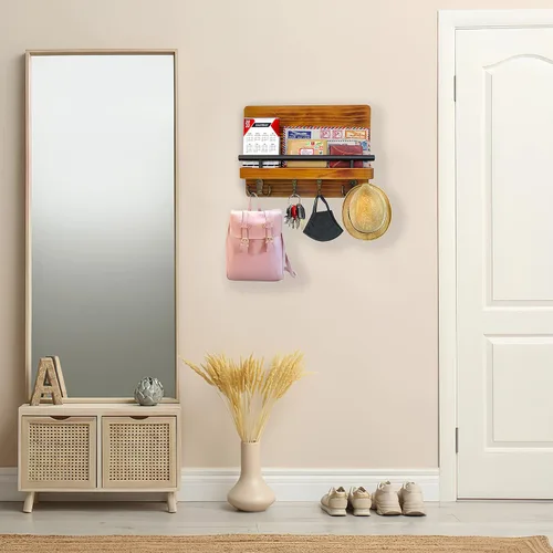 Vista 5 de Liberty - Llavero para pared, organizador de correo de madera de pino puro, soporte decorativo marrón con ganchos para llaves, soporte de pared