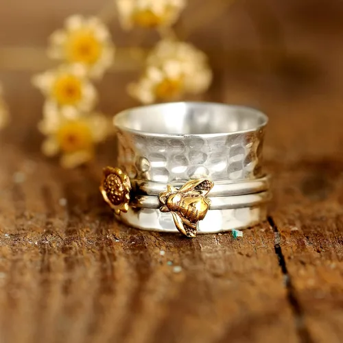 Vista 4 de Anillo giratorio de girasol y abeja para mujer, plata de ley 925, Boho-Magic