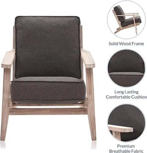 Vista 5 de BELLEZE Silla moderna de mediados de siglo con marco de madera resistente, sillón tapizado de lino, fácil montaje, cómoda silla decorativa para sala