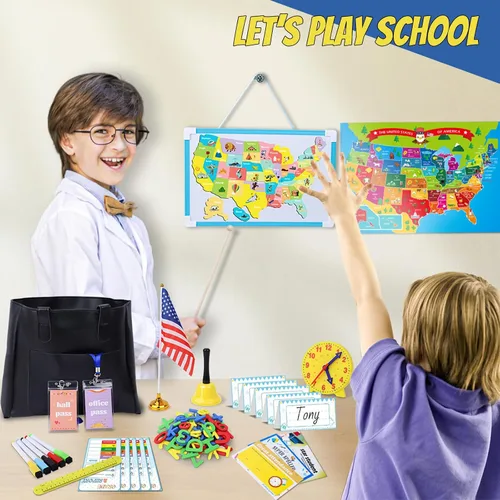 Vista 5 de Juegos de simulación escolar de Gifts2U para niños - Con bolsa de maestra, pizarra, reloj educativo, carteles educativos y suministros de juguetes