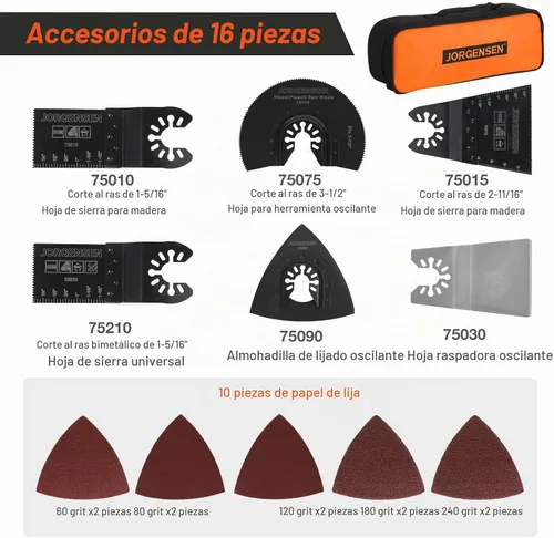 Vista 3 de JORGENSEN - Multiherramienta oscilante con cable, velocidad variable con 16 cuchillas