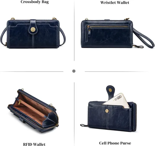Vista 6 de S-ZONE Billeteras de pulsera para mujer, bolso cruzado para teléfono celular, bloqueo RFID, de cuero vegano, monederos con 2 correas